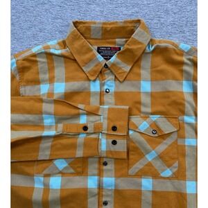 Troll Co Flannel Shirt Mens 3XL Pearl Snap Gold Blue Plaid Workwear Pockets